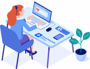 Frau vor Laptop mit Sprechstunde.Online