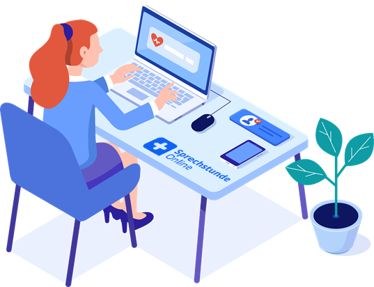 Frau vor Laptop mit Sprechstunde.Online